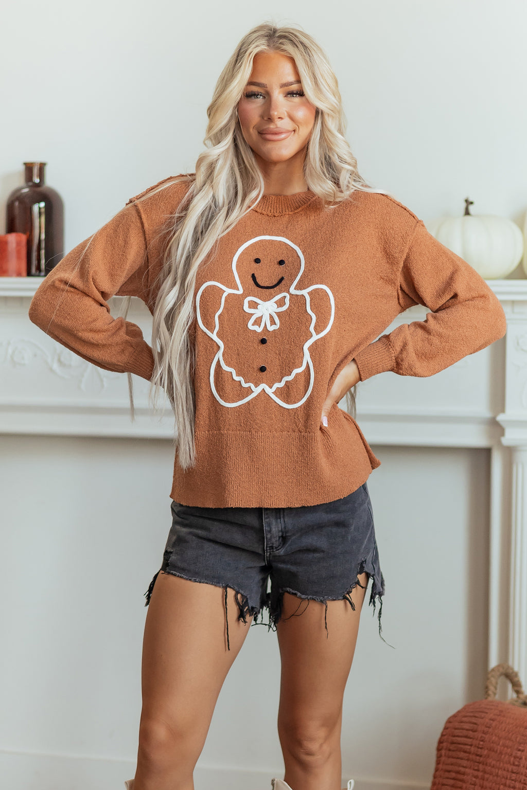 Кафяв oversized коледен пуловер с джинджифилово човече