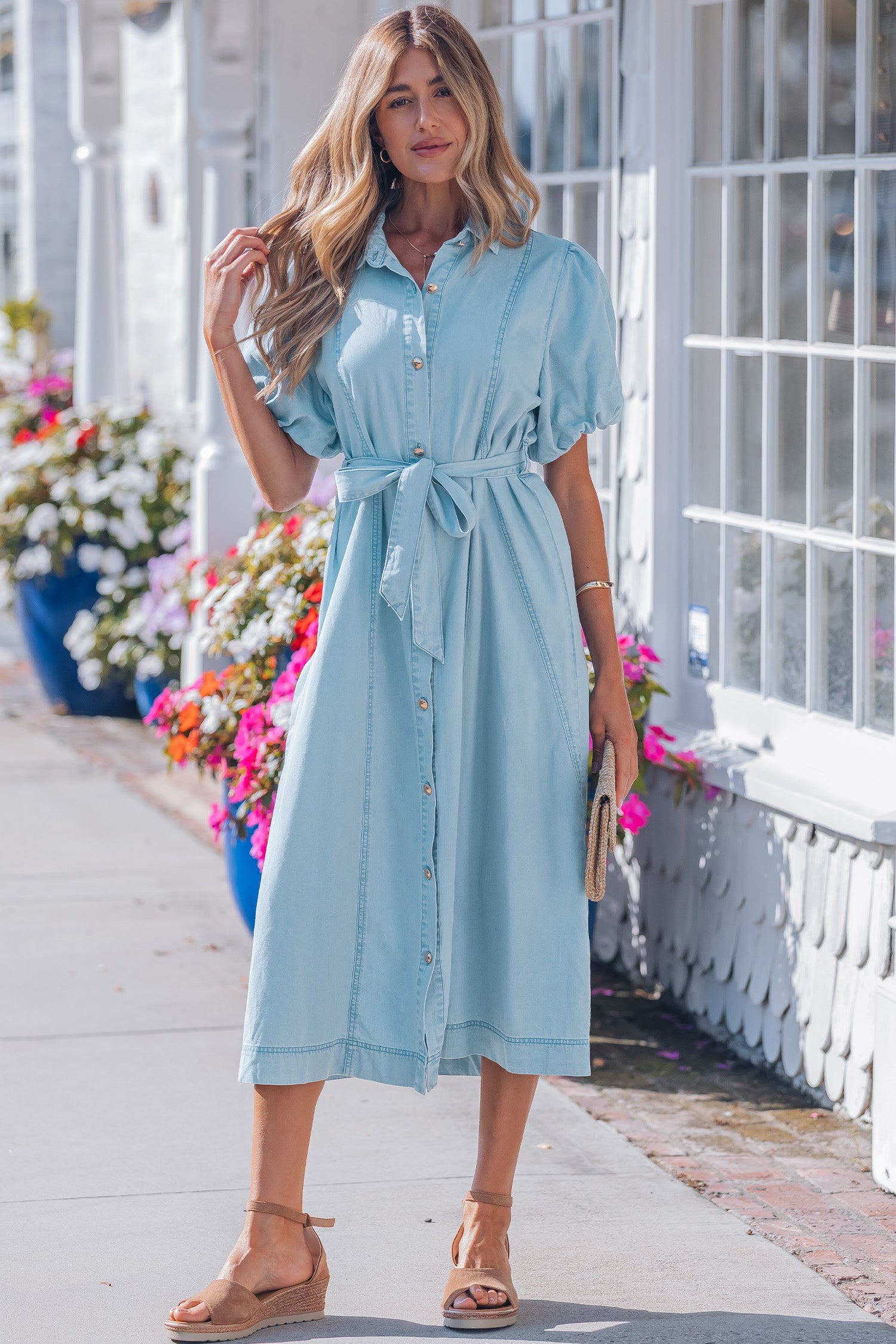 Beau Blue Full Buttons Collared Short Bubble Sleeve Long Denim Dress