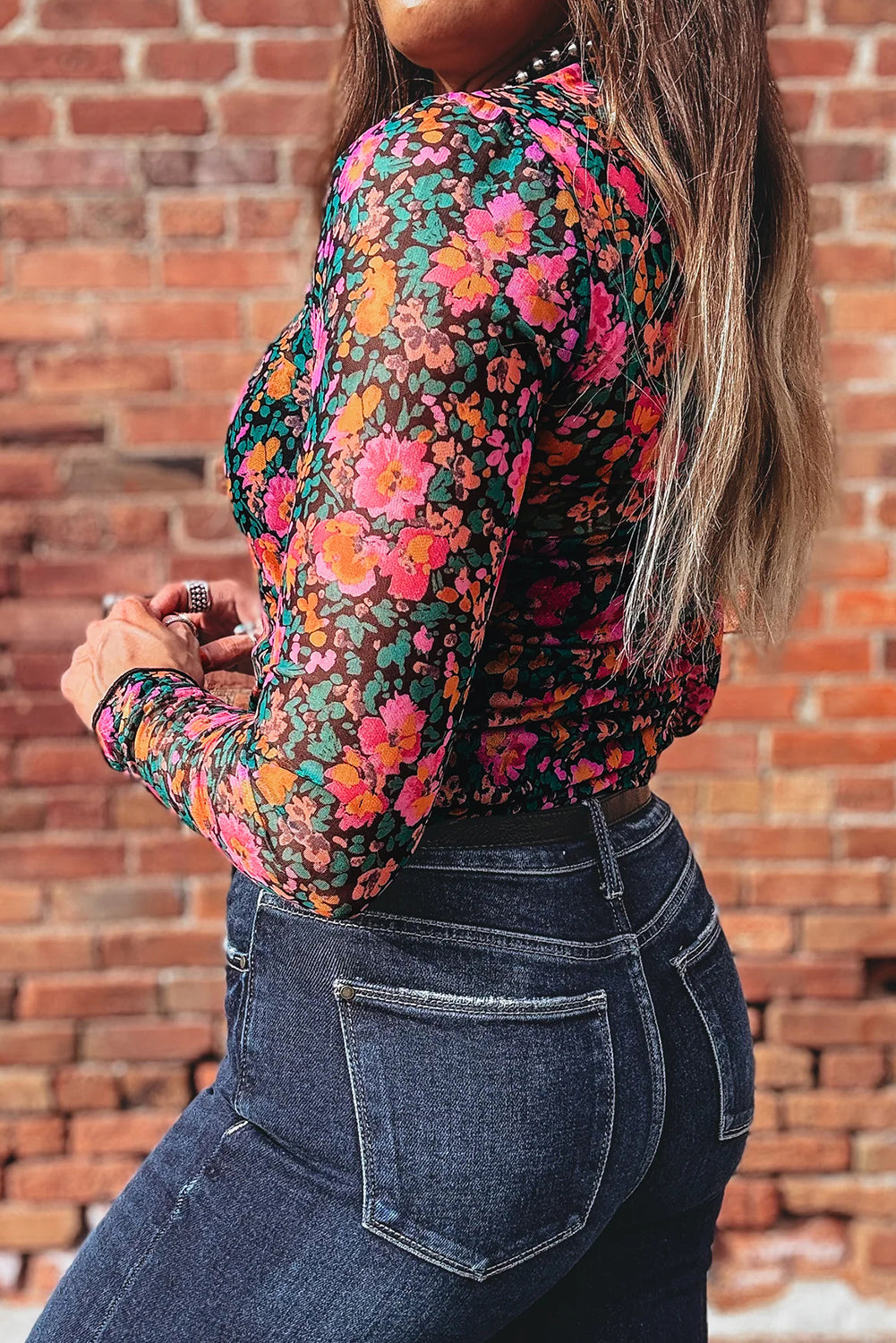 Mesh blouse with floral print 