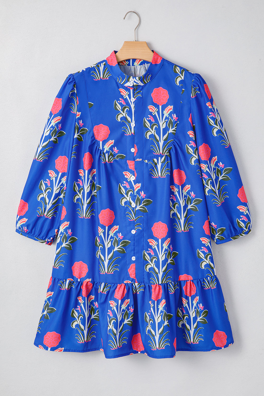 Blue floral print dress with pink flowers, button front, and three-quarter sleeves