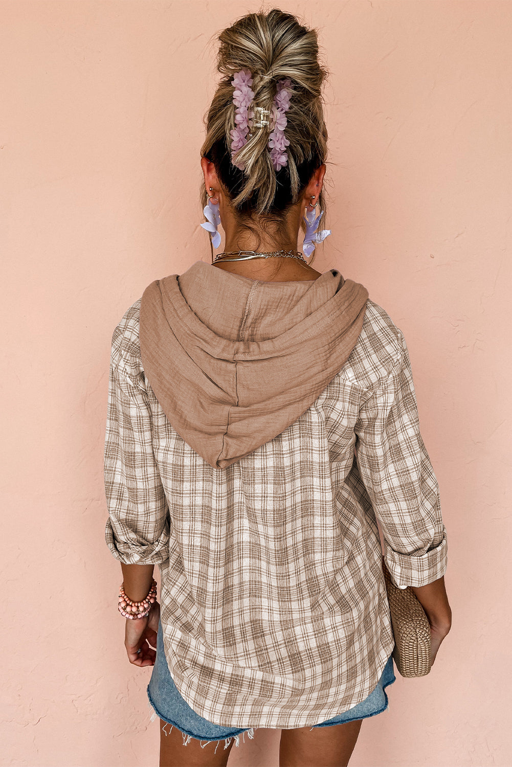 Checkered jacket-type shirt with hood 