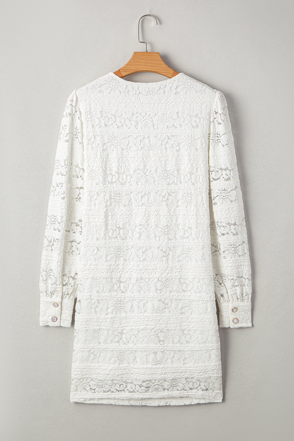 White lace long sleeve mini dress with floral pattern, textured fabric, back view on hanger