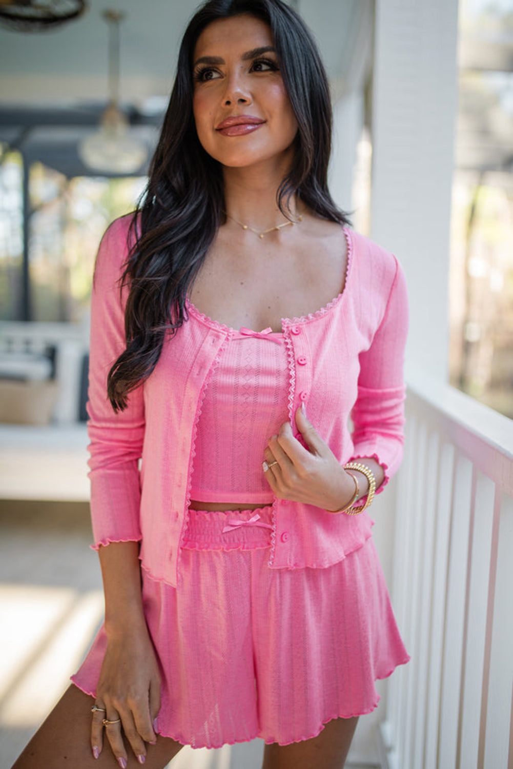 Домашен комплект от три части (къс топ, къси панталони, жилетка)