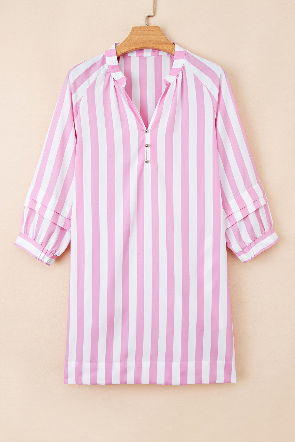 Women's pink and white vertical striped tunic dress with half sleeves and buttoned V-neck