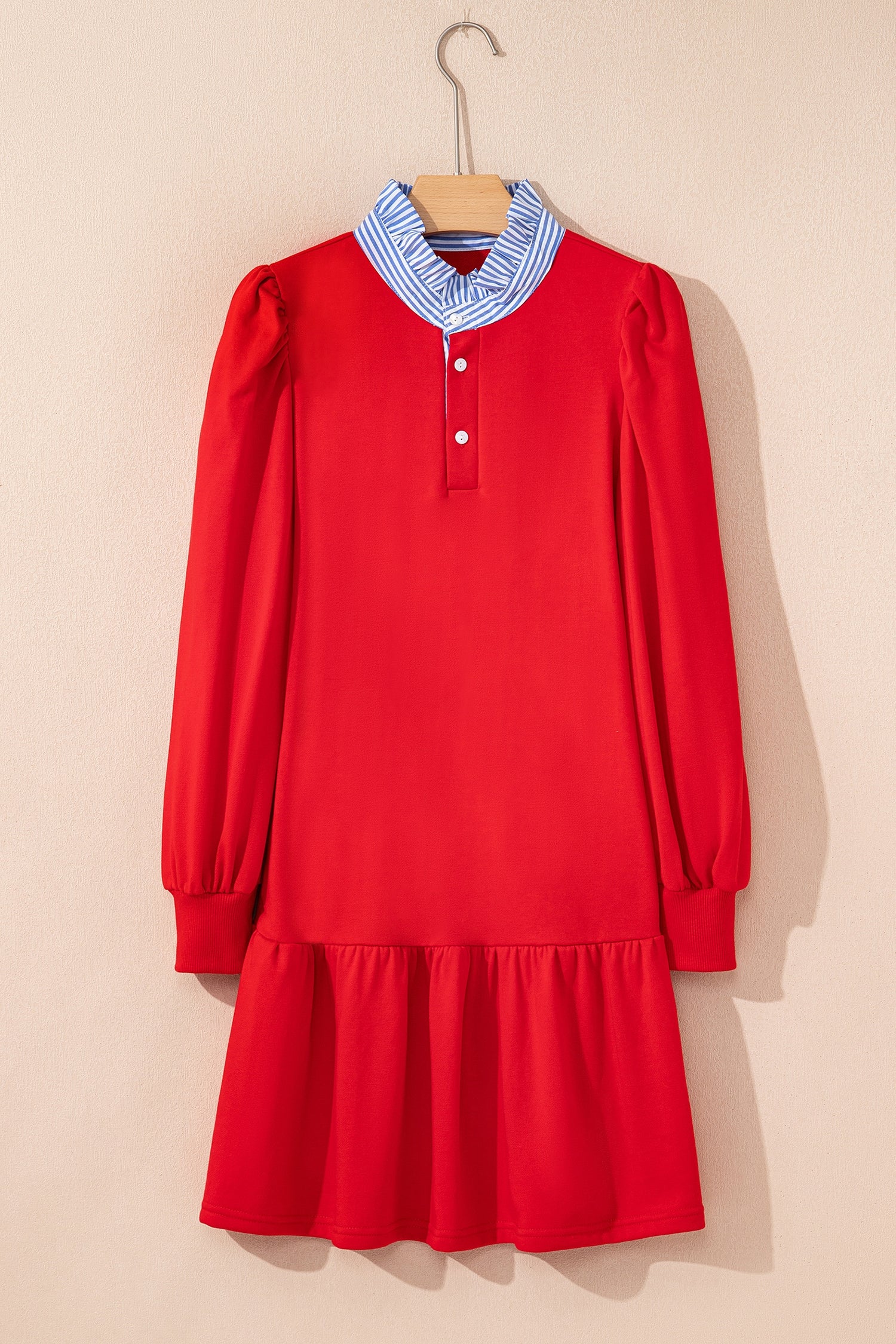 Red long sleeve dress with blue and white striped ruffle collar, buttoned front, ruffle hem