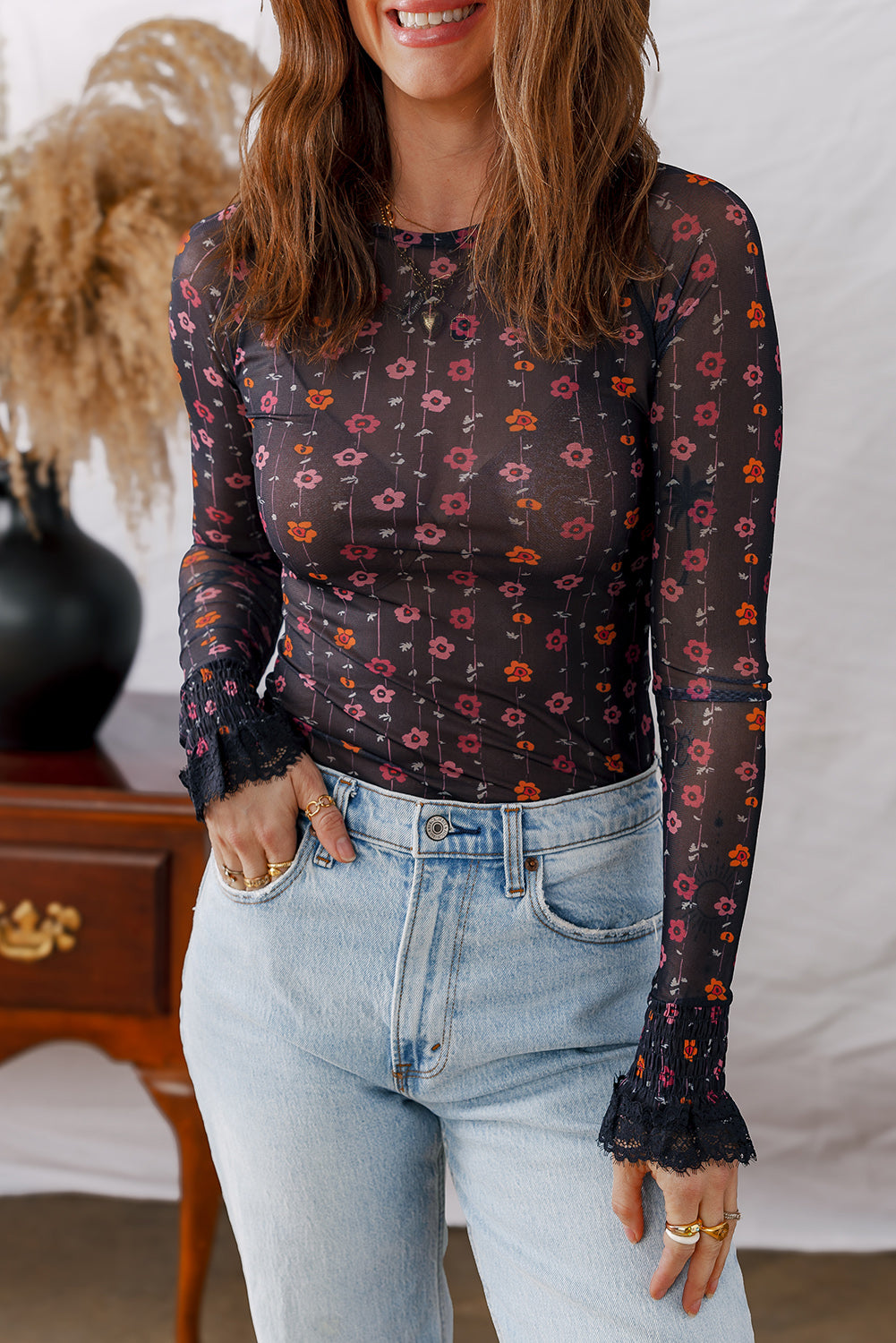 Mesh bodysuit with floral print 