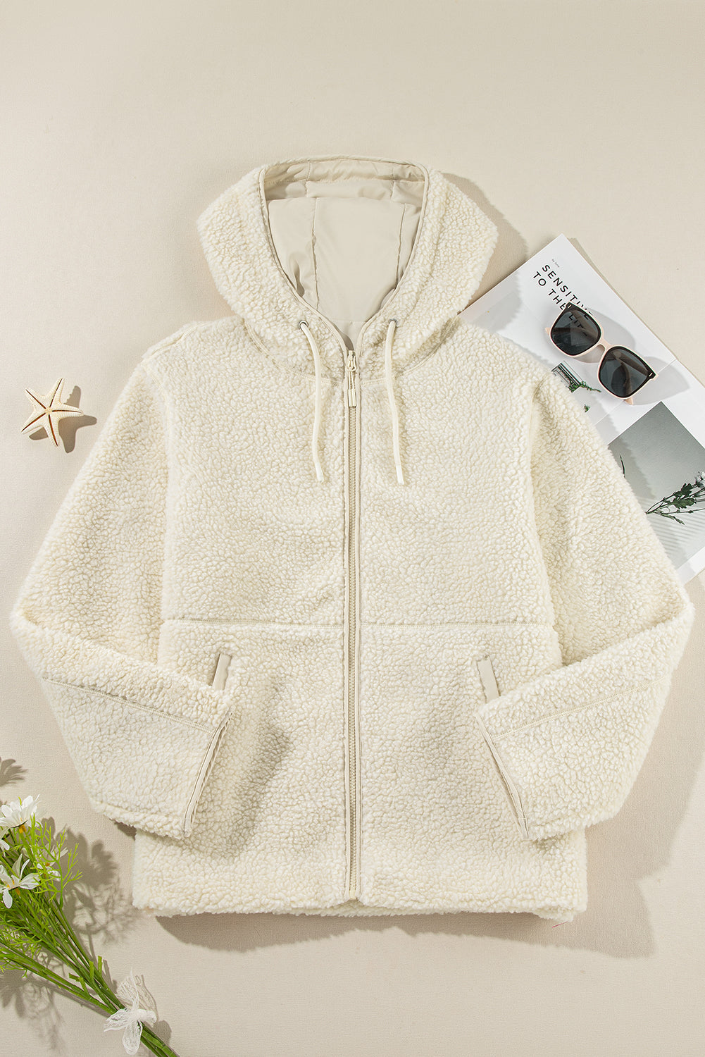 Fluffy light beige jacket with hood 