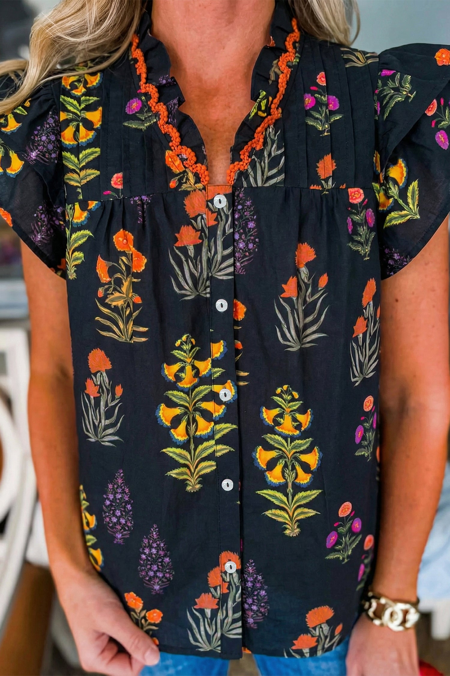 черна дамска риза с флорален принт