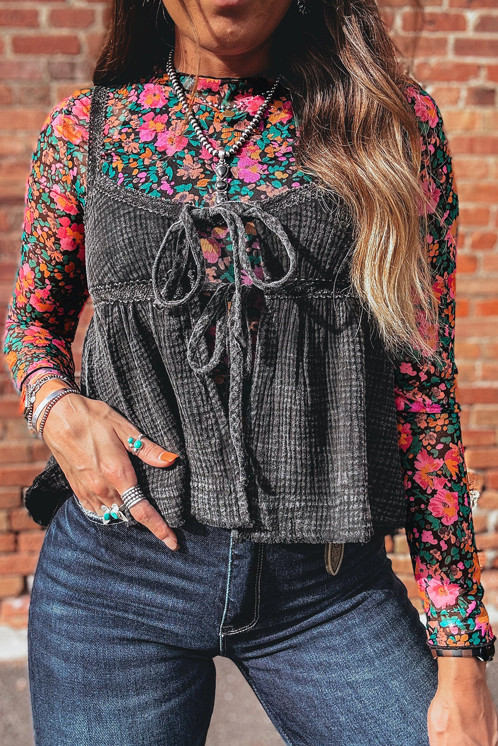Mesh blouse with floral print 