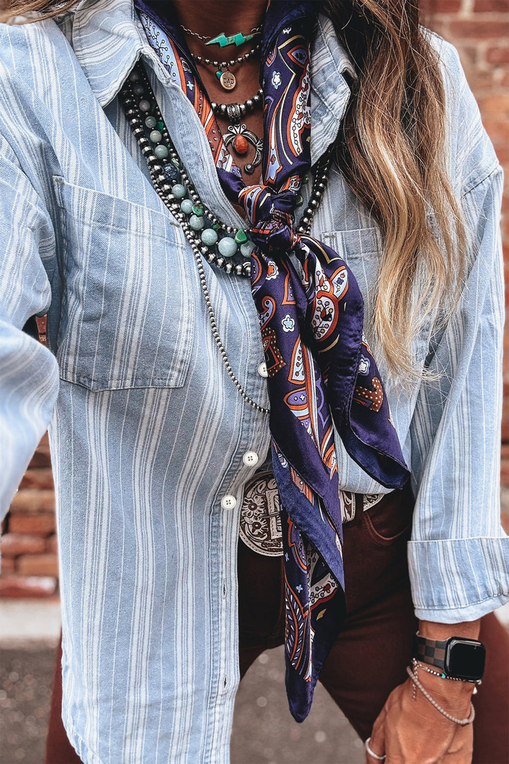 Sky Blue Stripe Boyfriend Chest Pocket Classic Denim Jacket