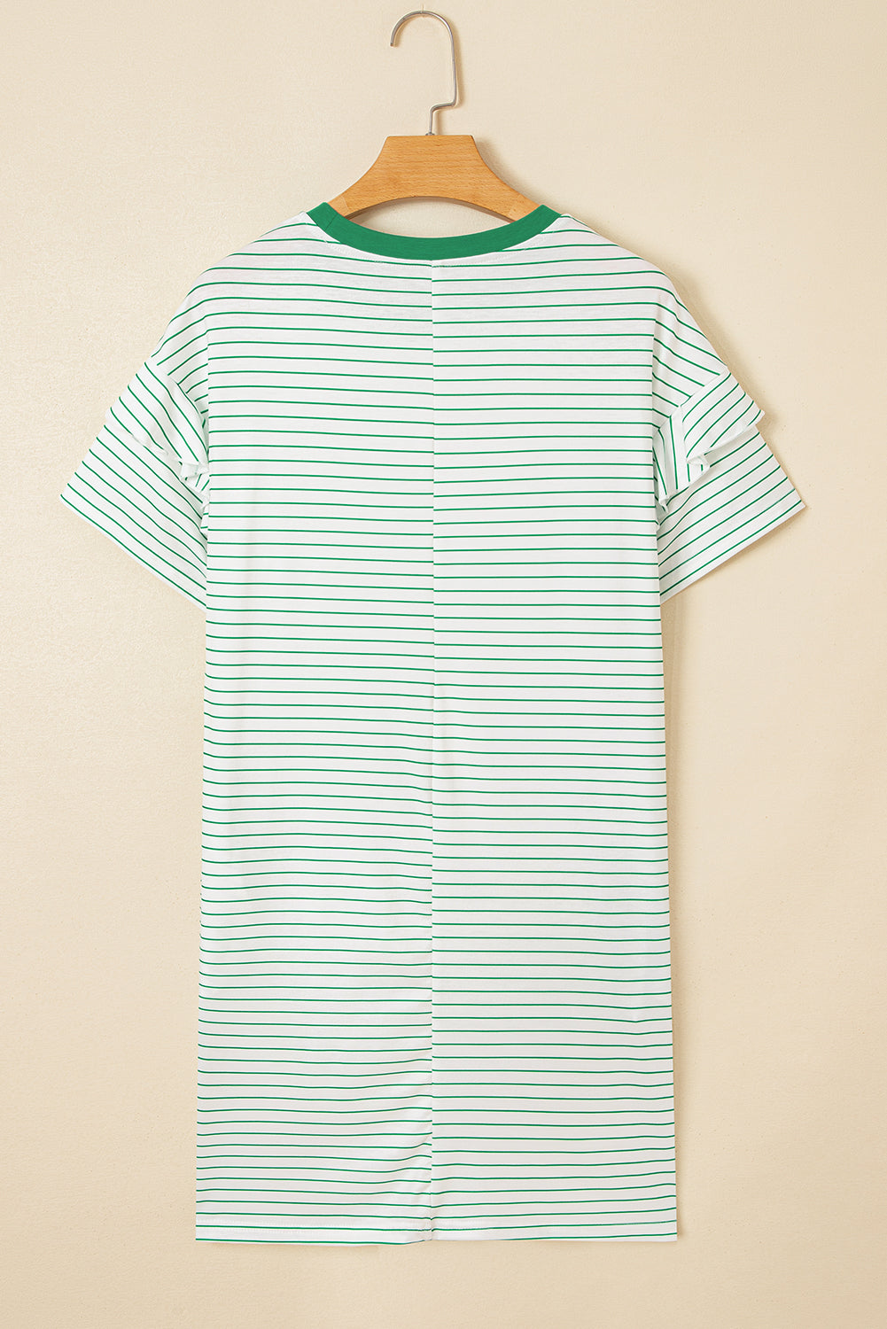 Back view of a short sleeve white dress with green horizontal stripes and green collar