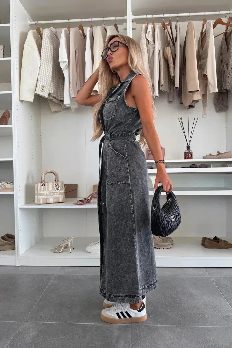 Дамска сива дънкова рокля без ръкави