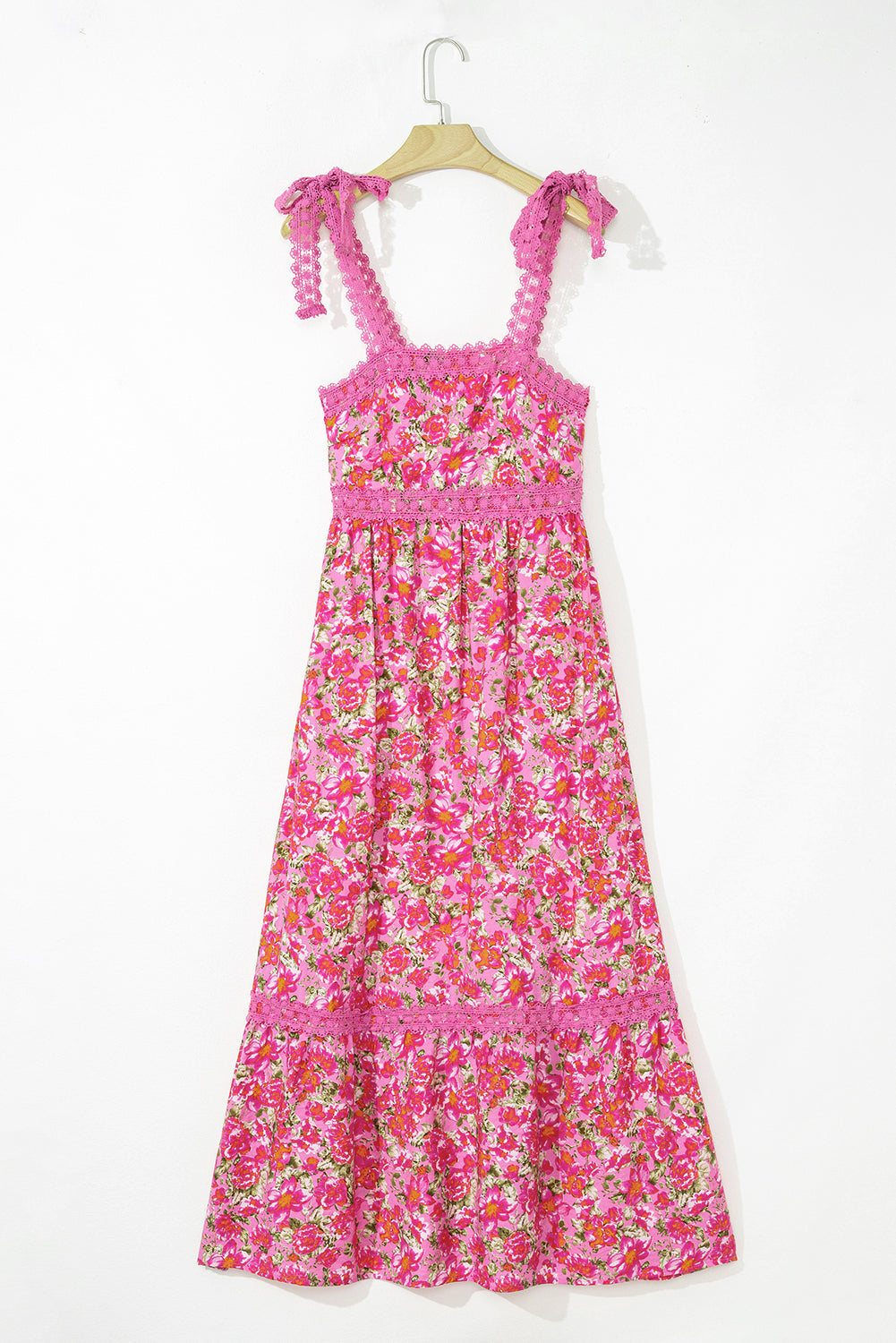 Pink floral maxi dress with lace trim and tie straps, summer boho style