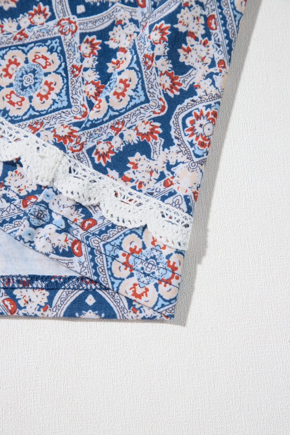 Blue Geometric Printed Lace Patchwork Ric Rac Raglan Long Sleeve Top 