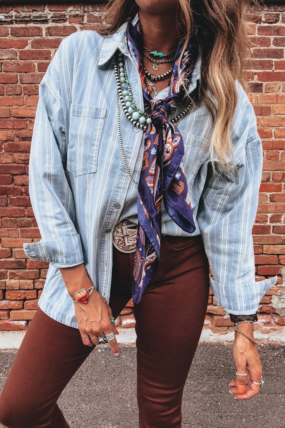 Sky Blue Stripe Boyfriend Chest Pocket Classic Denim Jacket