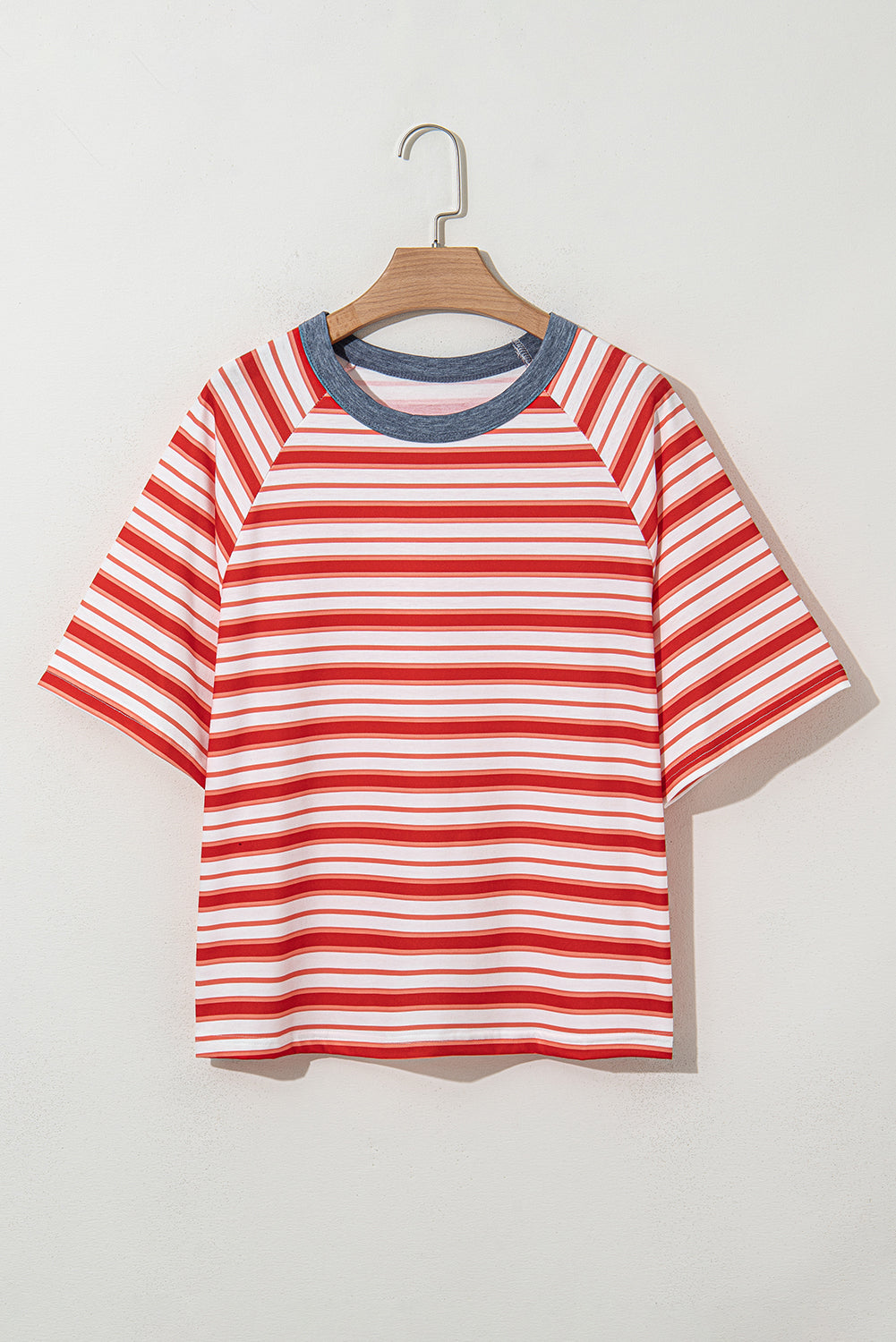 Tomato Red Stripe Print Contrast Collar Raglan Sleeve T-Shirt