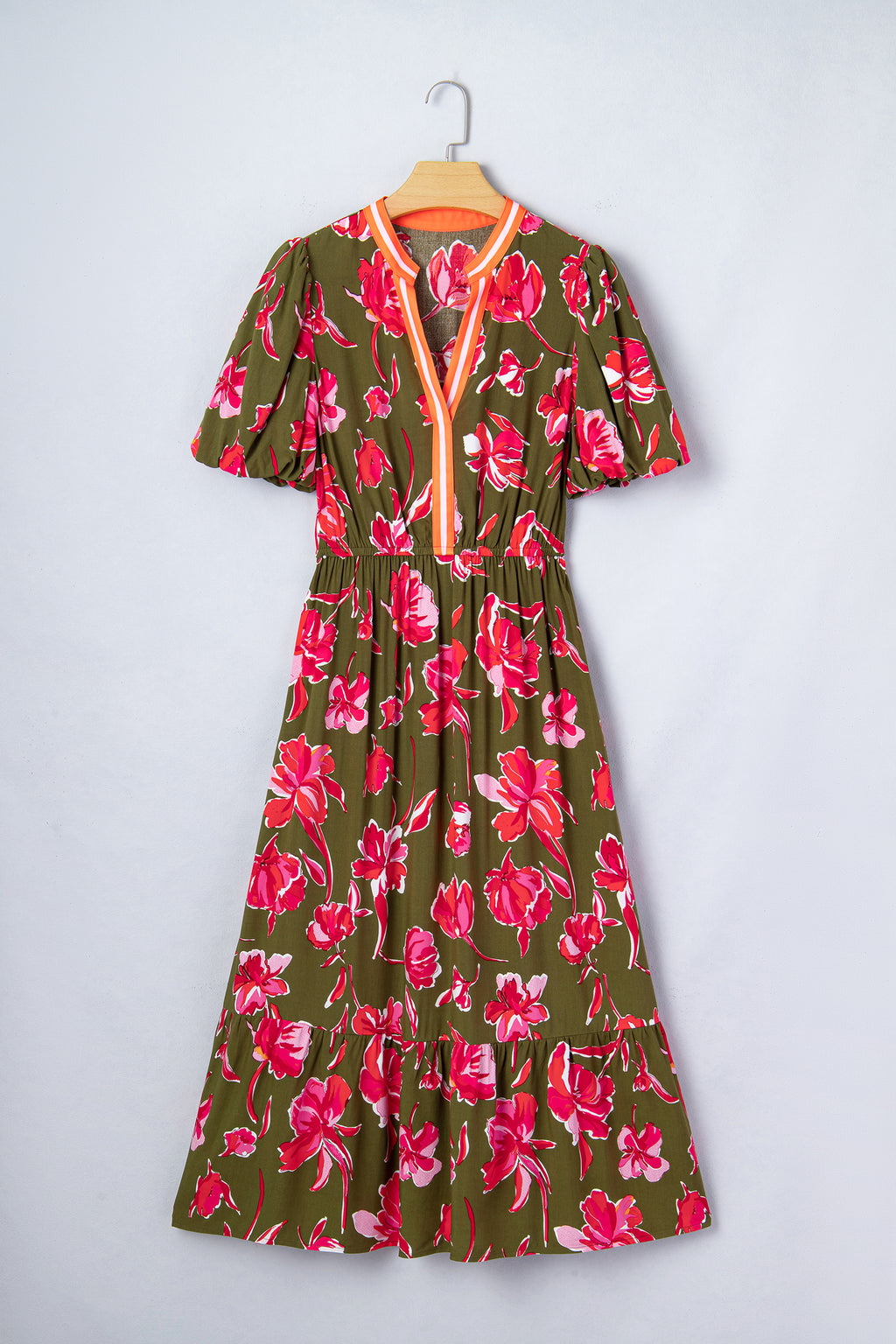 дамска зелена рокля с розов принт