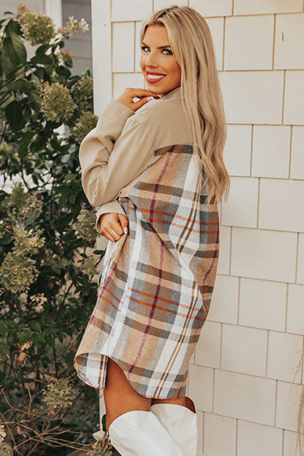 Beige Plaid Women's Shirt Dress