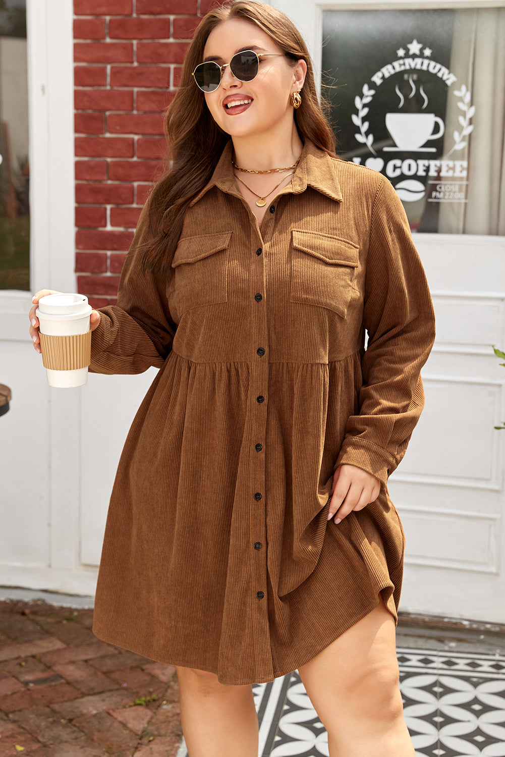 Brown Women's Velvet Shirt Dress Plus Size | A-Line Mini Dress Edinstvena Brown Women's Velvet Shirt Dress Plus Size | A-Line Mini Dress Edinstvena
