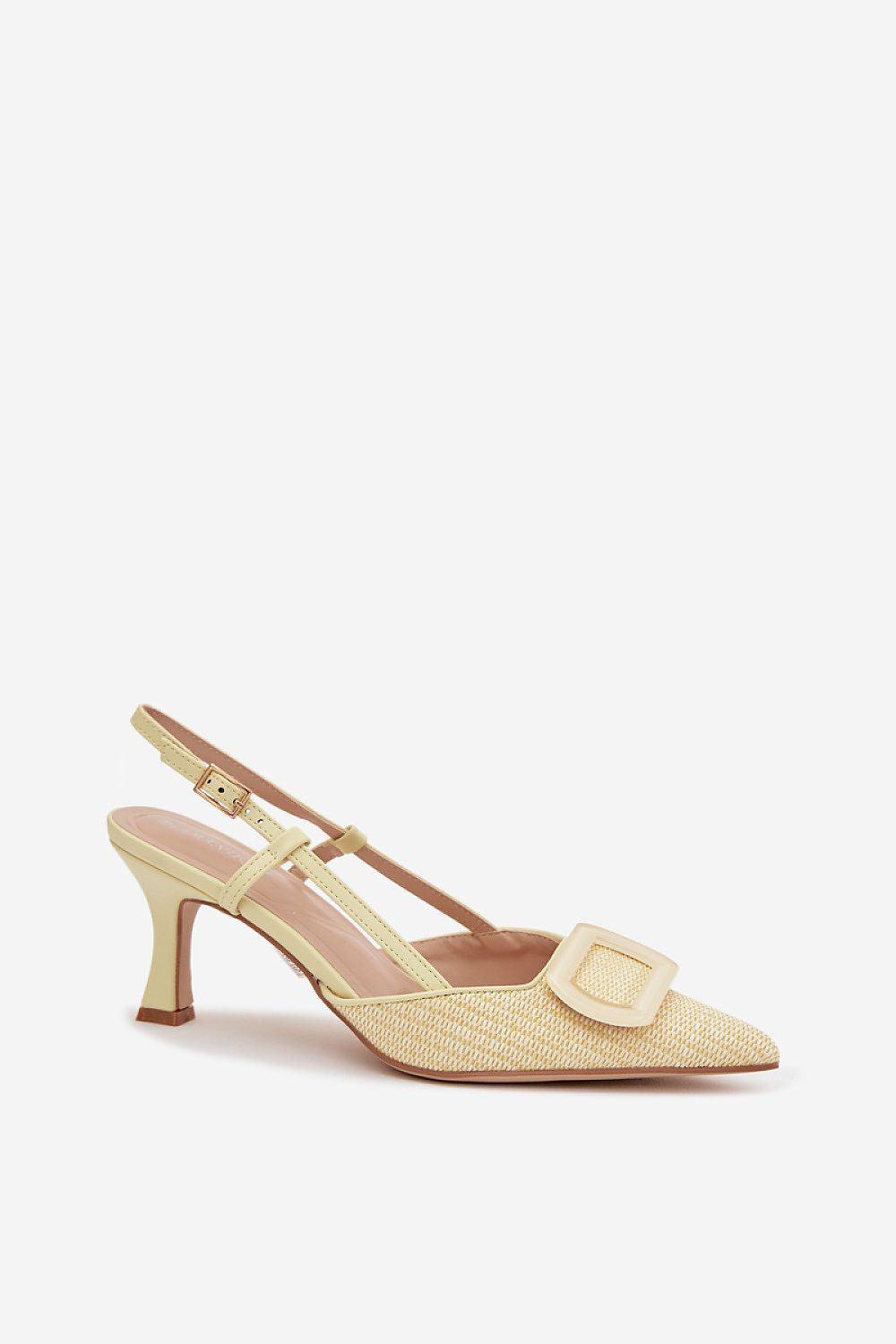 дамски обувки с ток бледо жълти с отворена пета - продуктова снимка