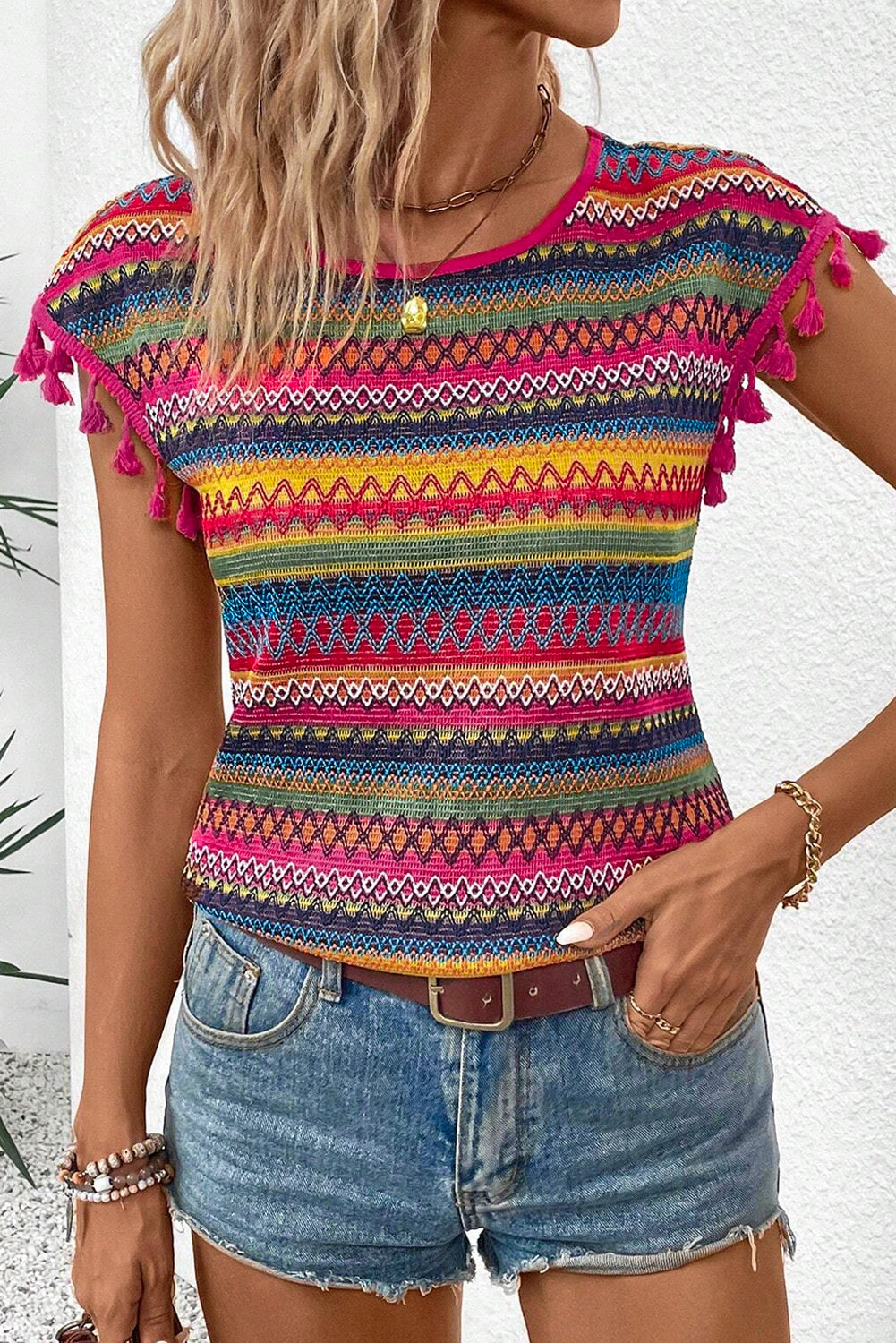 Blouse with ethnic print and short sleeves with tassels 