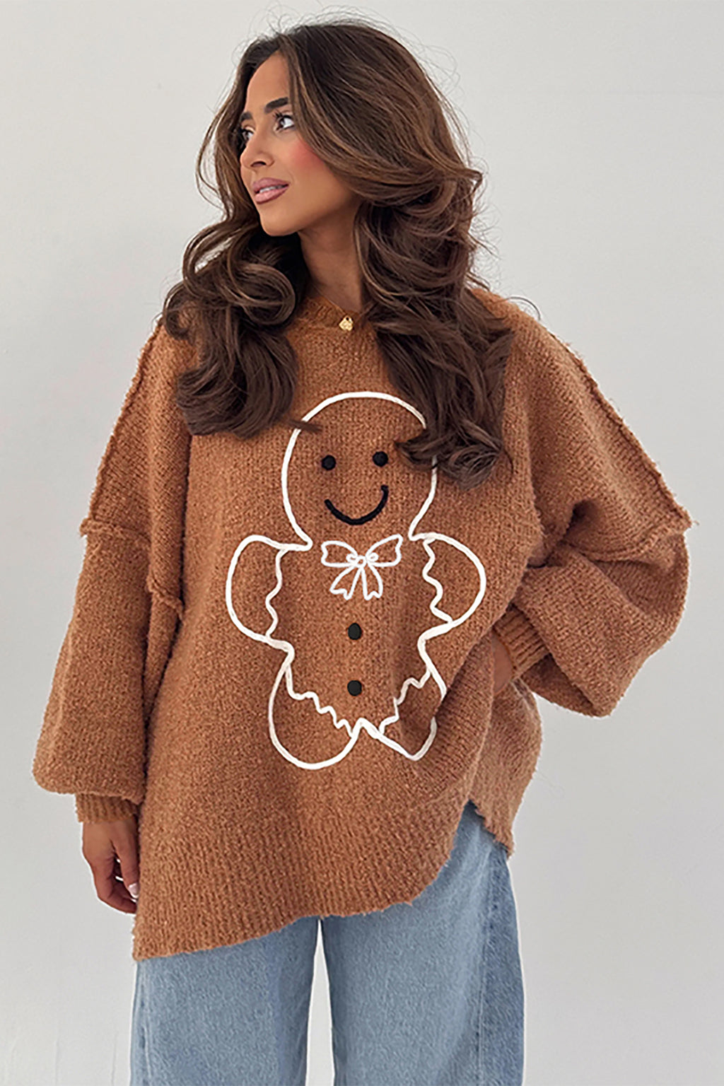 Кафяв oversized коледен пуловер с джинджифилово човече