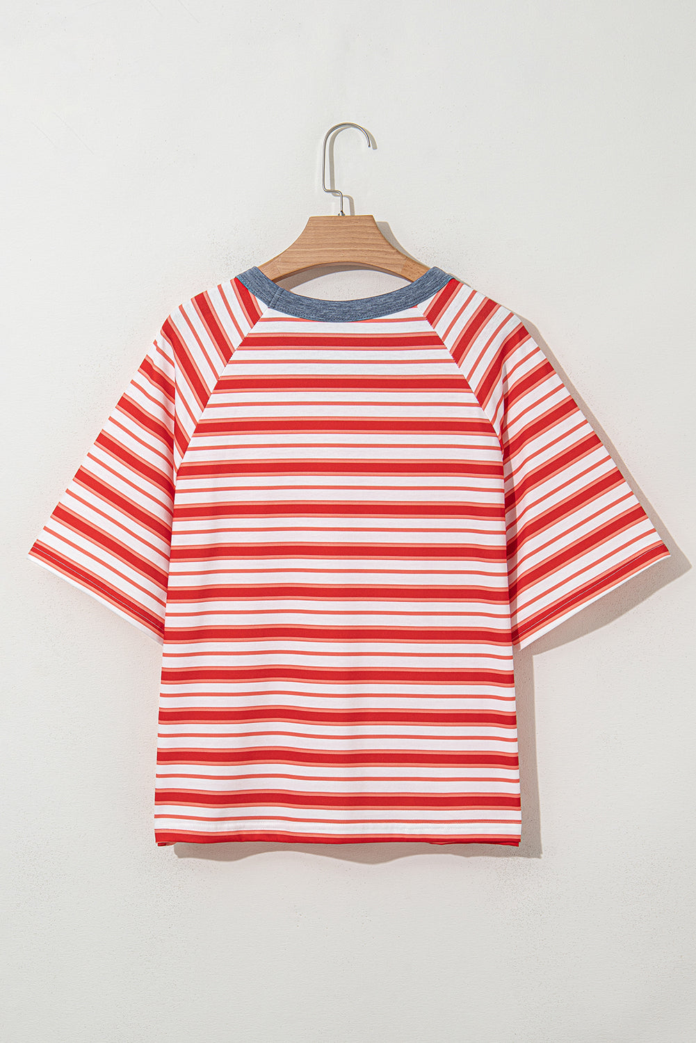 Tomato Red Stripe Print Contrast Collar Raglan Sleeve T-Shirt
