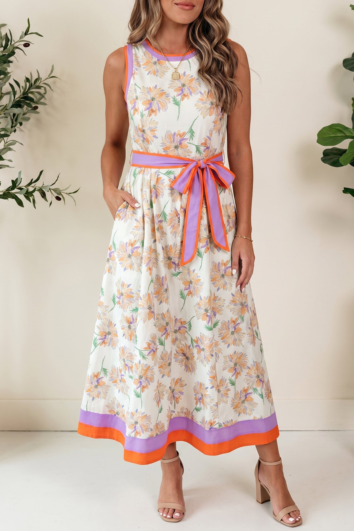 Floral print dress with belt