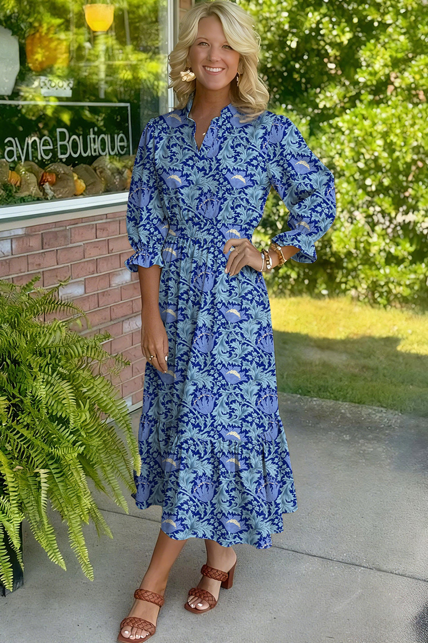 синя рокля с флорален принт и миди дължина