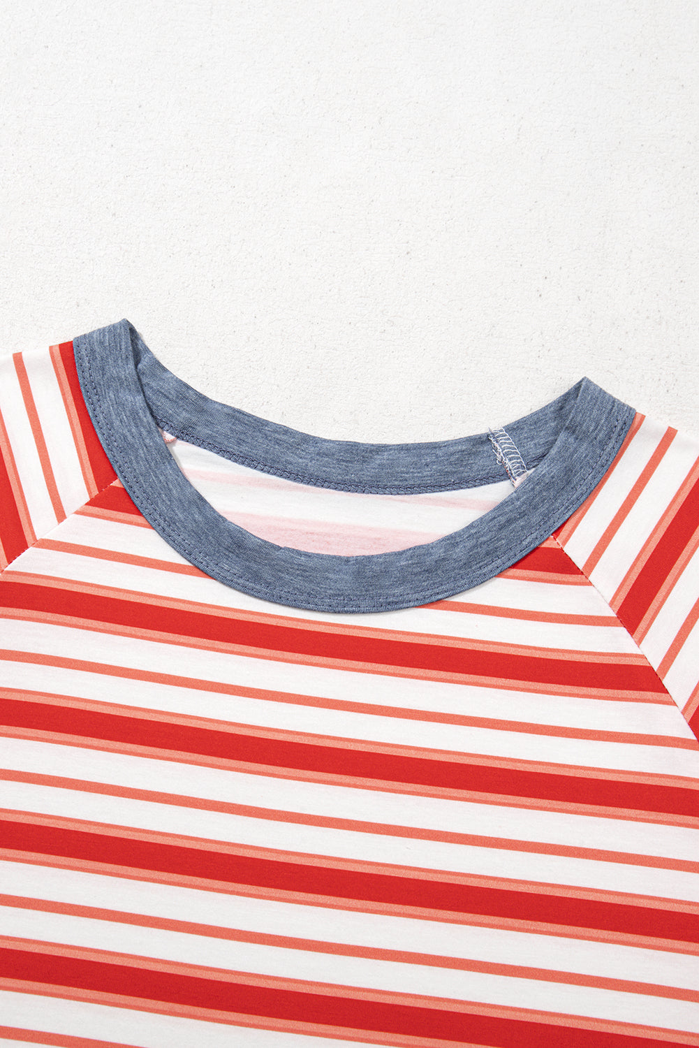 Tomato Red Stripe Print Contrast Collar Raglan Sleeve T-Shirt