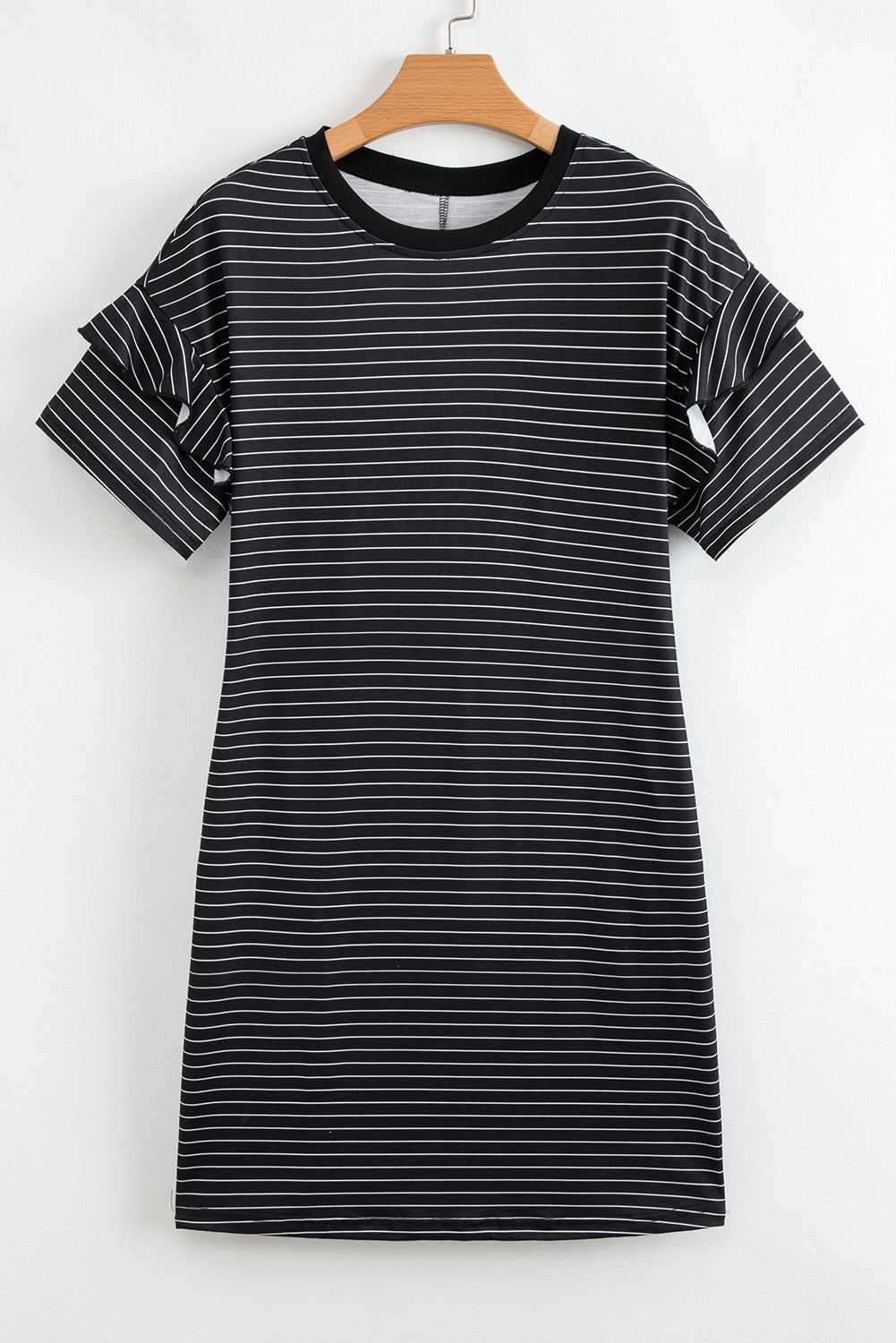 Black and white striped short sleeve casual dress with ruffled sleeves on hanger
