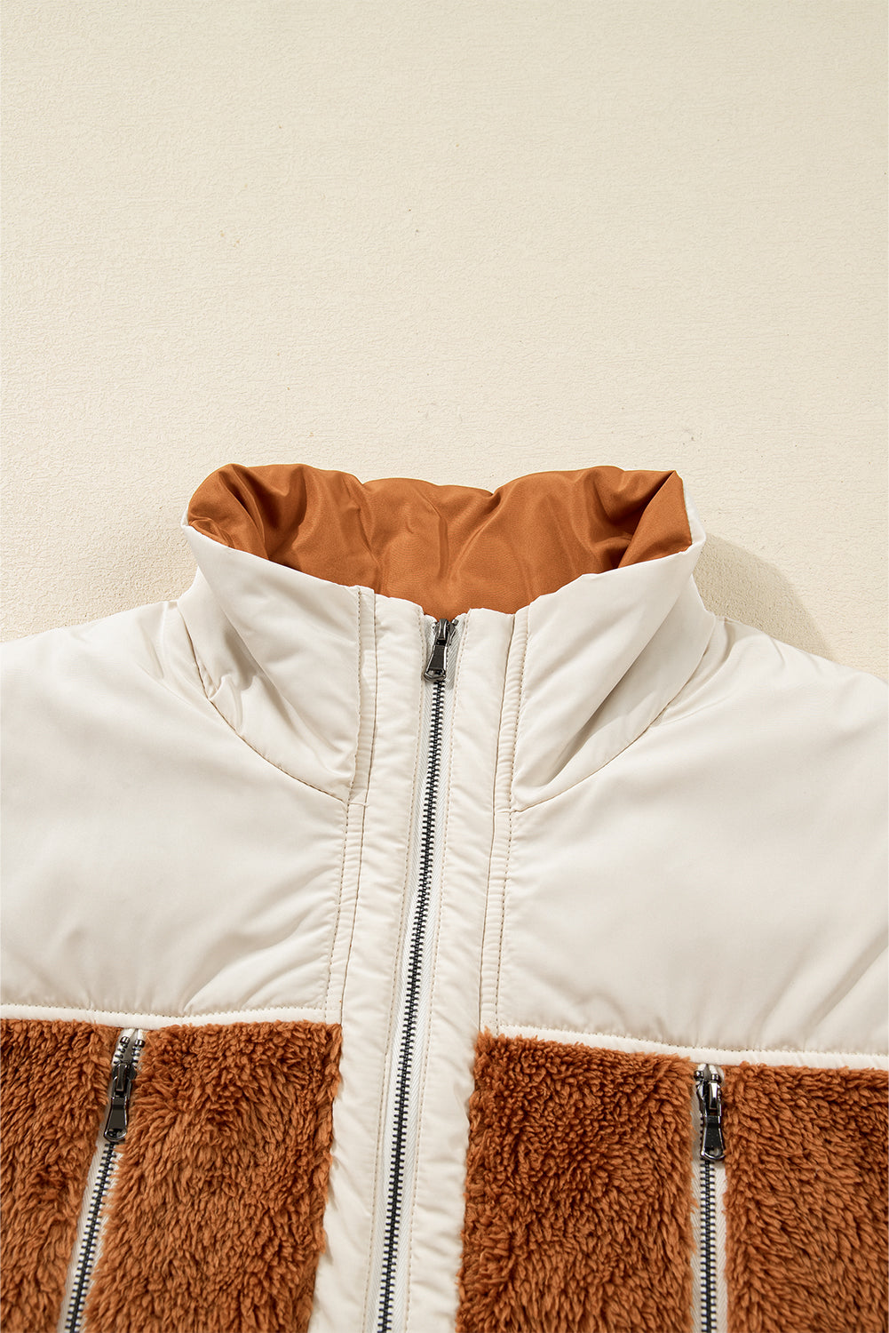 Chestnut Color Block Plush Patchwork Zipper Stand Neck Vest