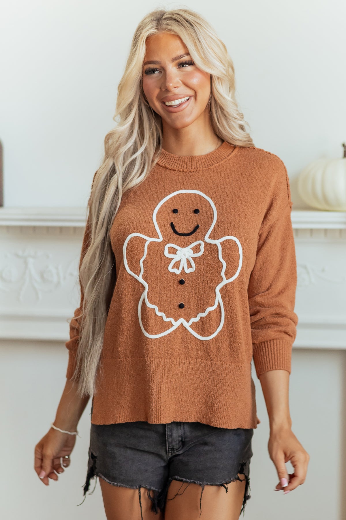 Кафяв oversized коледен пуловер с джинджифилово човече
