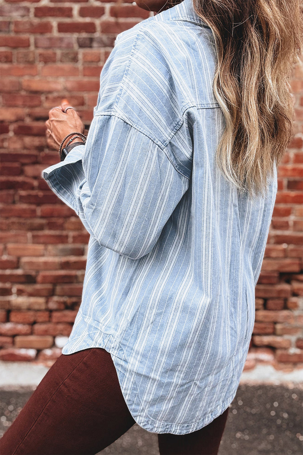 Sky Blue Stripe Boyfriend Chest Pocket Classic Denim Jacket