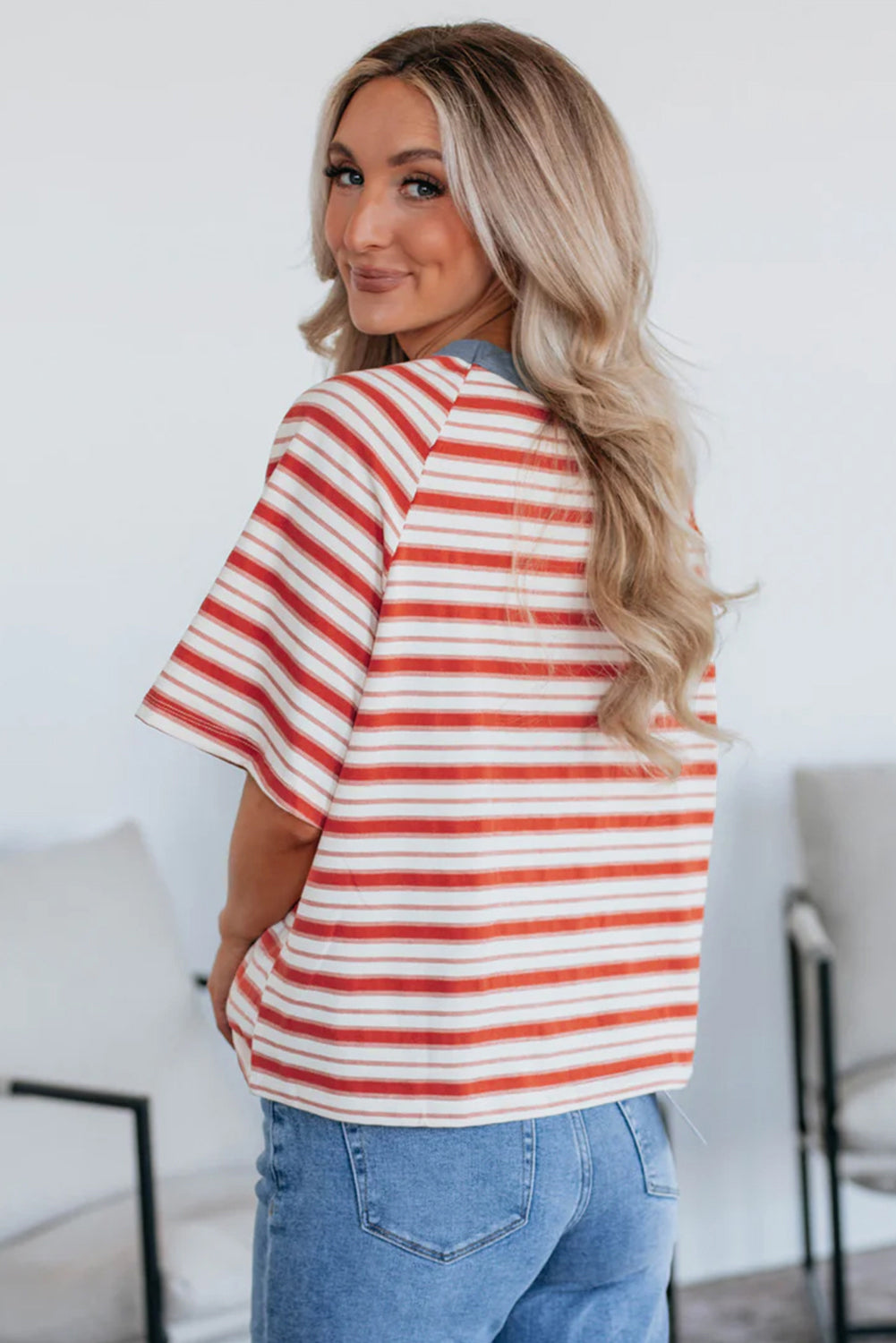 Tomato Red Stripe Print Contrast Collar Raglan Sleeve T-Shirt