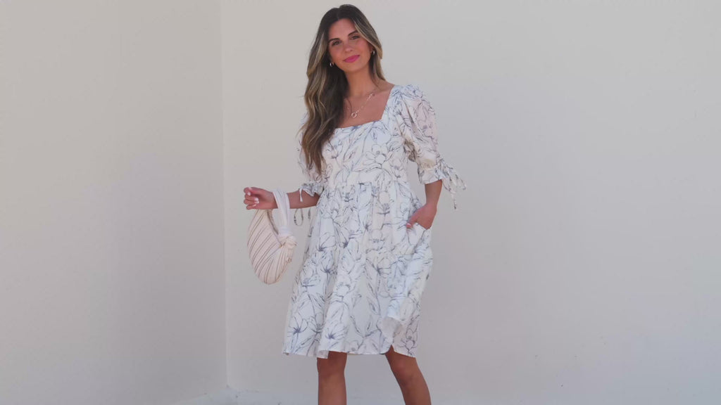 Light Beige Floral Print Square Neck Shirred Back Puff Sleeve Mini Dress