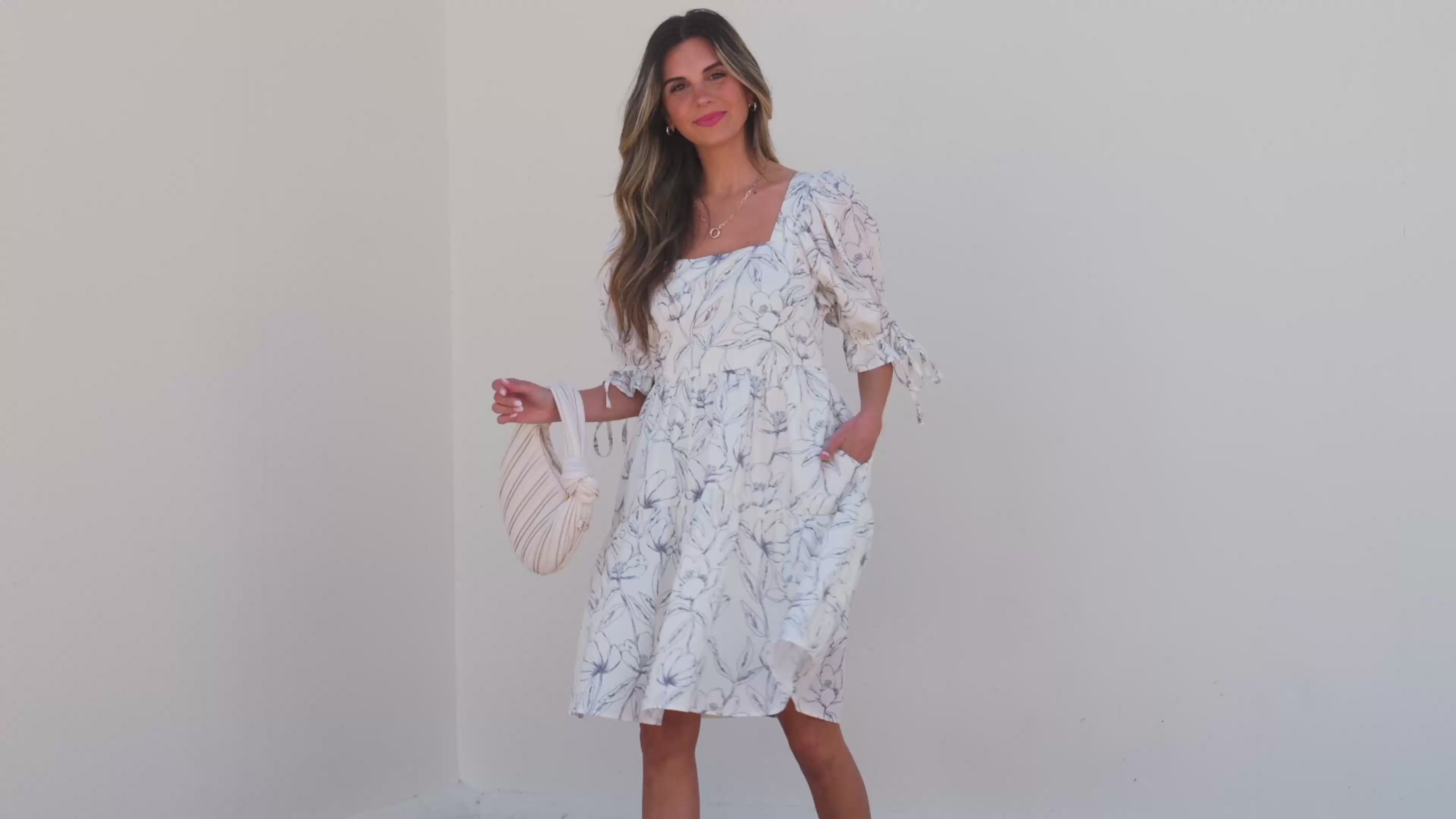 Light Beige Floral Print Square Neck Shirred Back Puff Sleeve Mini Dress
